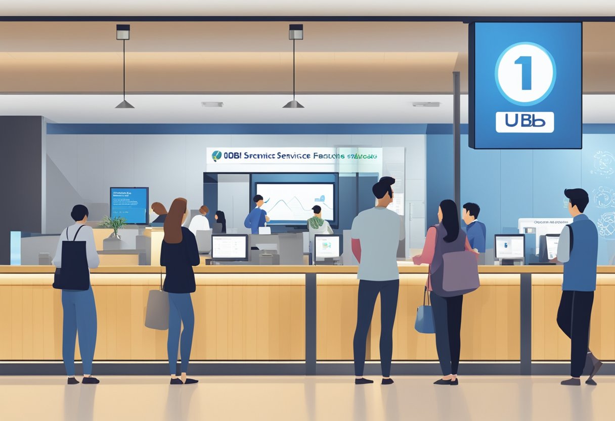 Customers lining up at UOB Bank Singapore's customer service counter, with a digital display showing "Frequently Asked Questions" above