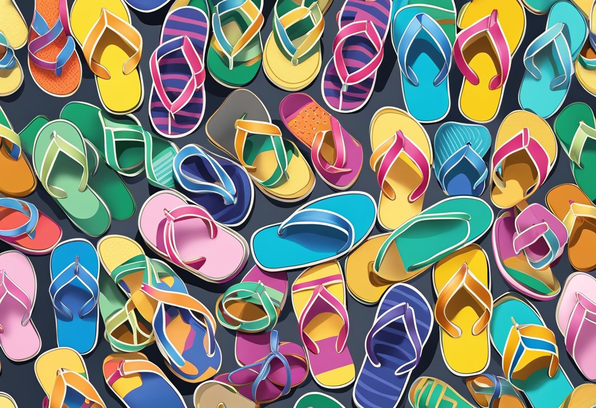 A colorful display of traditional and modern flip flops in a bustling Singapore market, showcasing the history and popularity of this iconic footwear