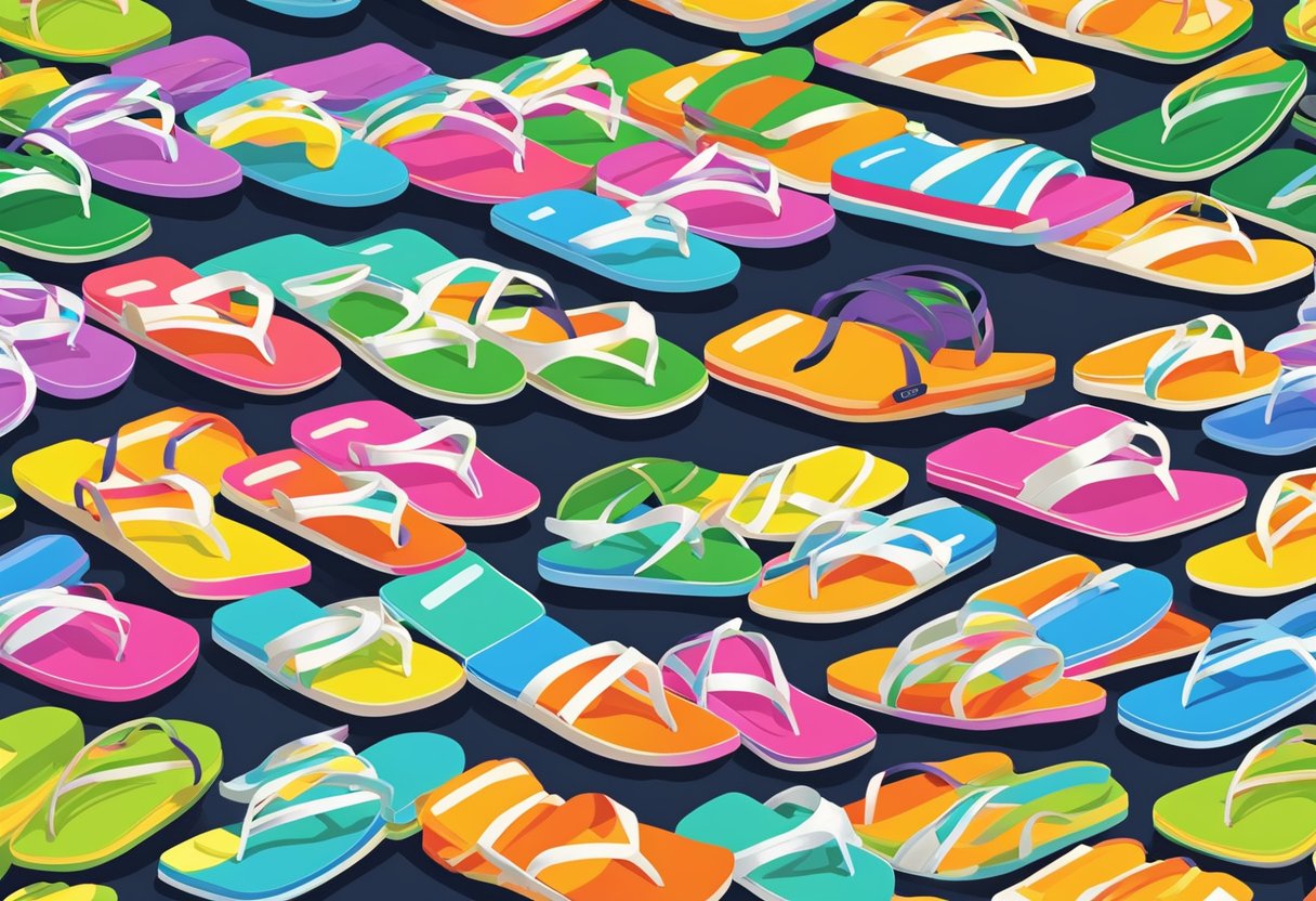 A colorful display of flip flops in a Singaporean market, with price tags and a "Buying Guide" sign. Bright and sunny atmosphere