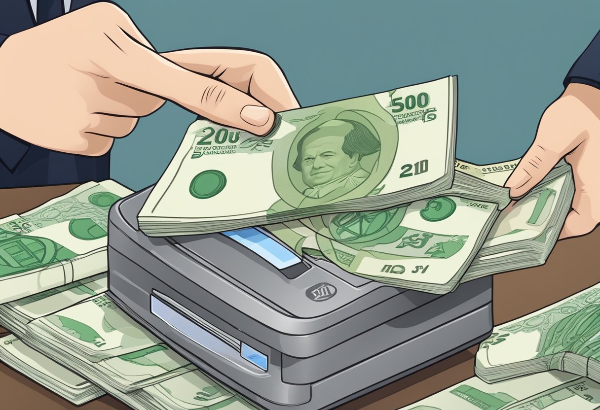 A stack of Singapore dollars being exchanged for a pile of Philippine pesos at a currency exchange counter