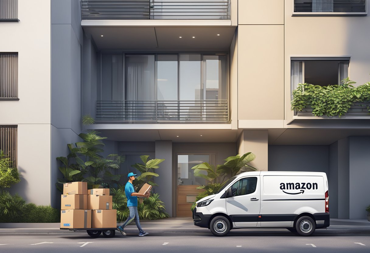 An Amazon Prime delivery van parked outside a modern Singaporean apartment building, with a delivery person carrying a package to a resident's door