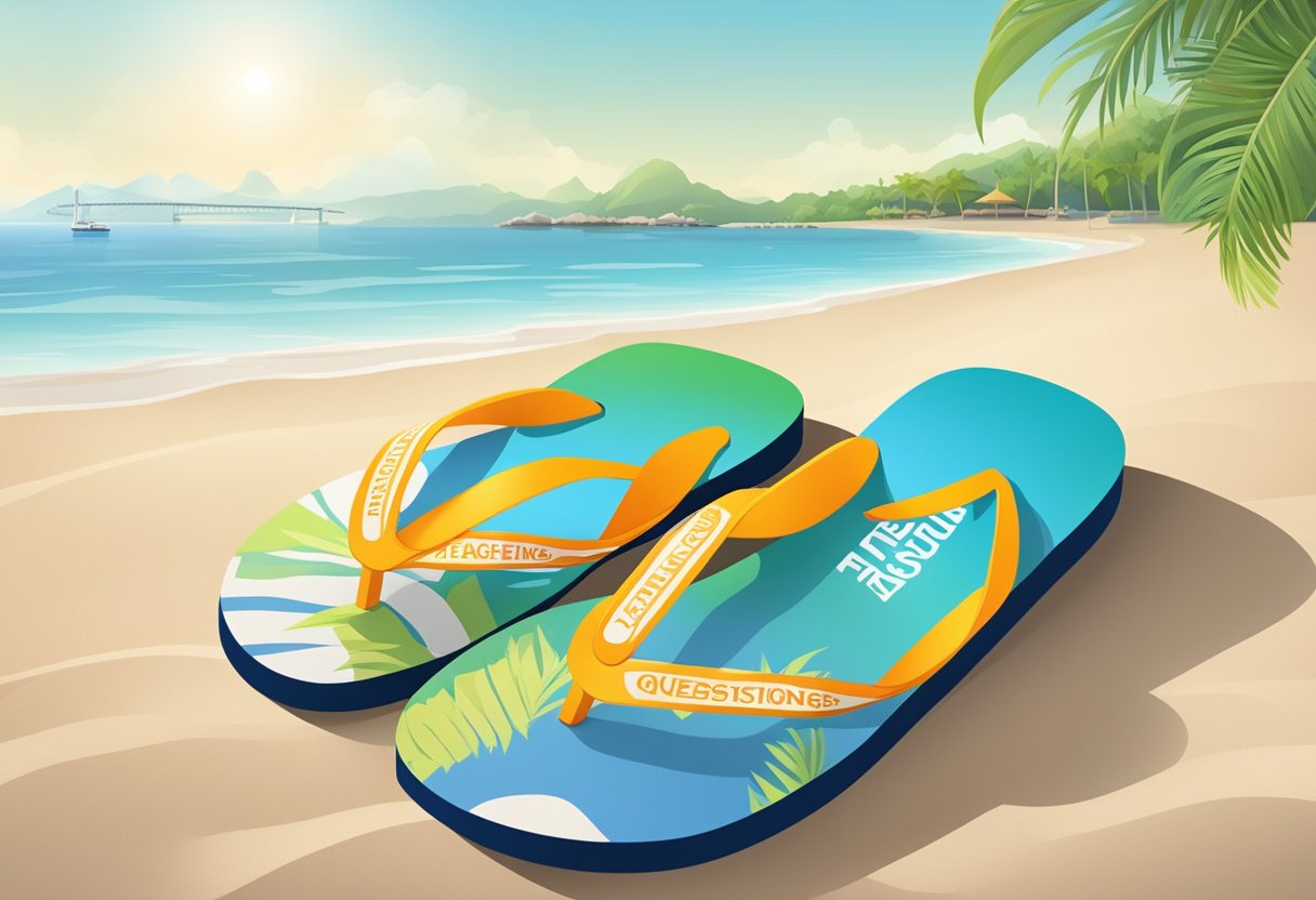 A pair of colorful flip flops with "Frequently Asked Questions" printed on the straps, set against a backdrop of a sunny beach in Singapore