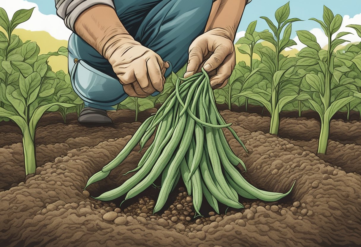 Green beans planted in Indiana soil, under a sunny sky, with a gardener's hand placing seeds into the ground
