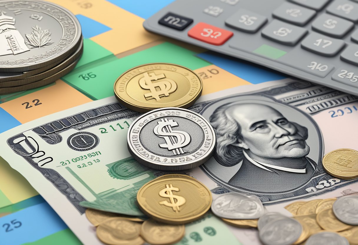 A stack of Singaporean dollar bills and a pile of Philippine peso coins sit side by side on a table, with a currency exchange rate chart in the background