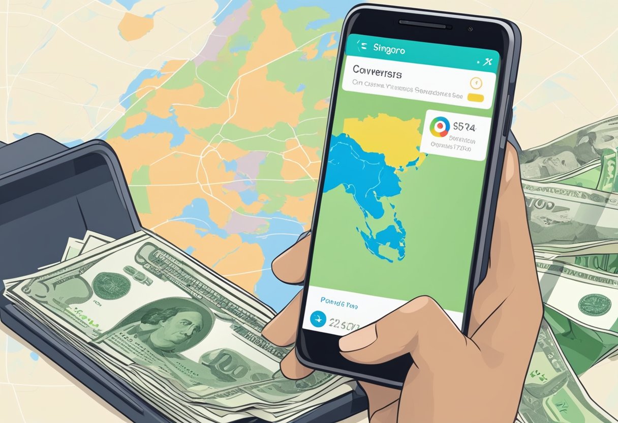 A hand holding a smartphone with a money transfer app open, showing the conversion from Singapore dollars to Philippine pesos, with a map of both countries in the background