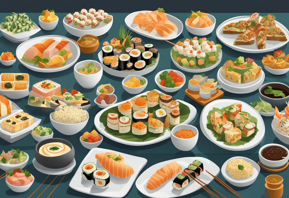 A lavish buffet spread with a variety of international cuisines, including sushi, pasta, and desserts, elegantly displayed on a long table