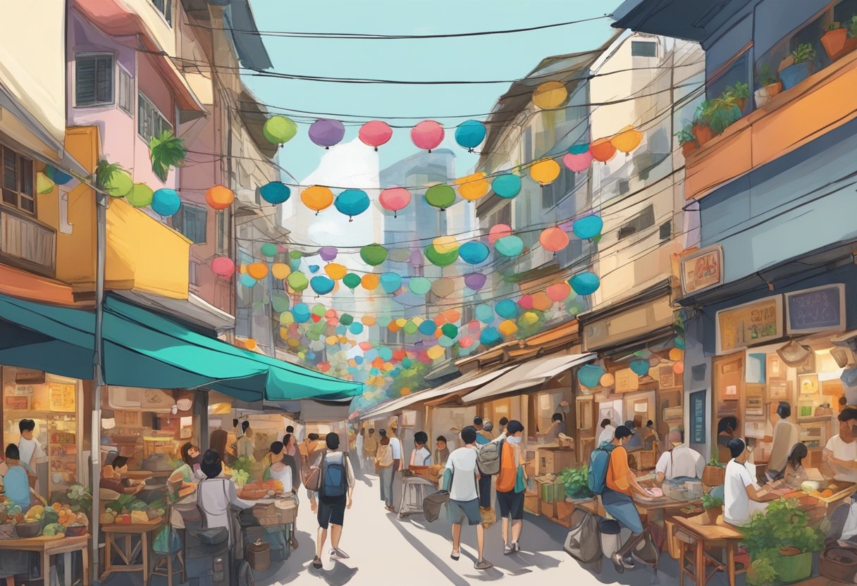 A bustling street in Singapore, with colorful buildings, bustling markets, and vibrant street art. The air is filled with the aroma of local delicacies, and the sound of chatter and laughter fills the air