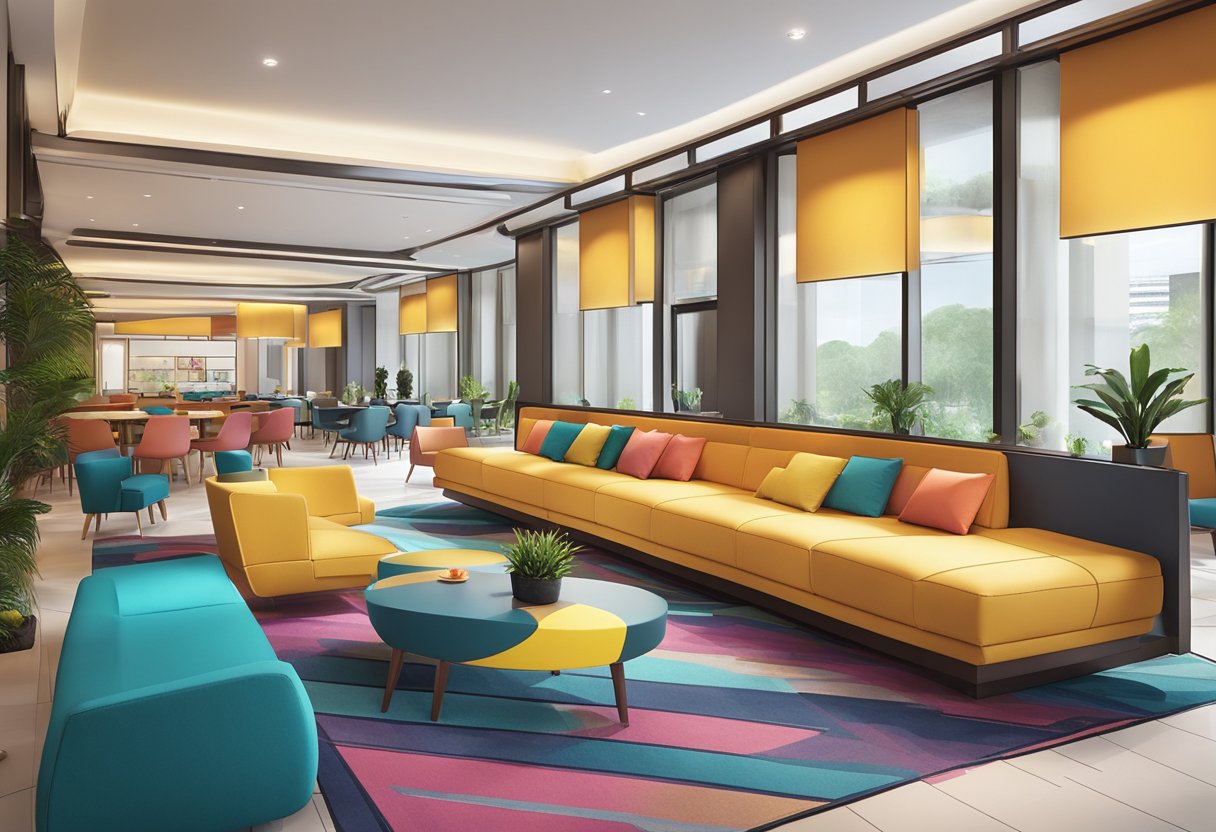 The vibrant lobby of Vibe Hotel Singapore features modern decor, with pops of color and sleek furniture. The space is filled with natural light, creating a welcoming and energetic atmosphere