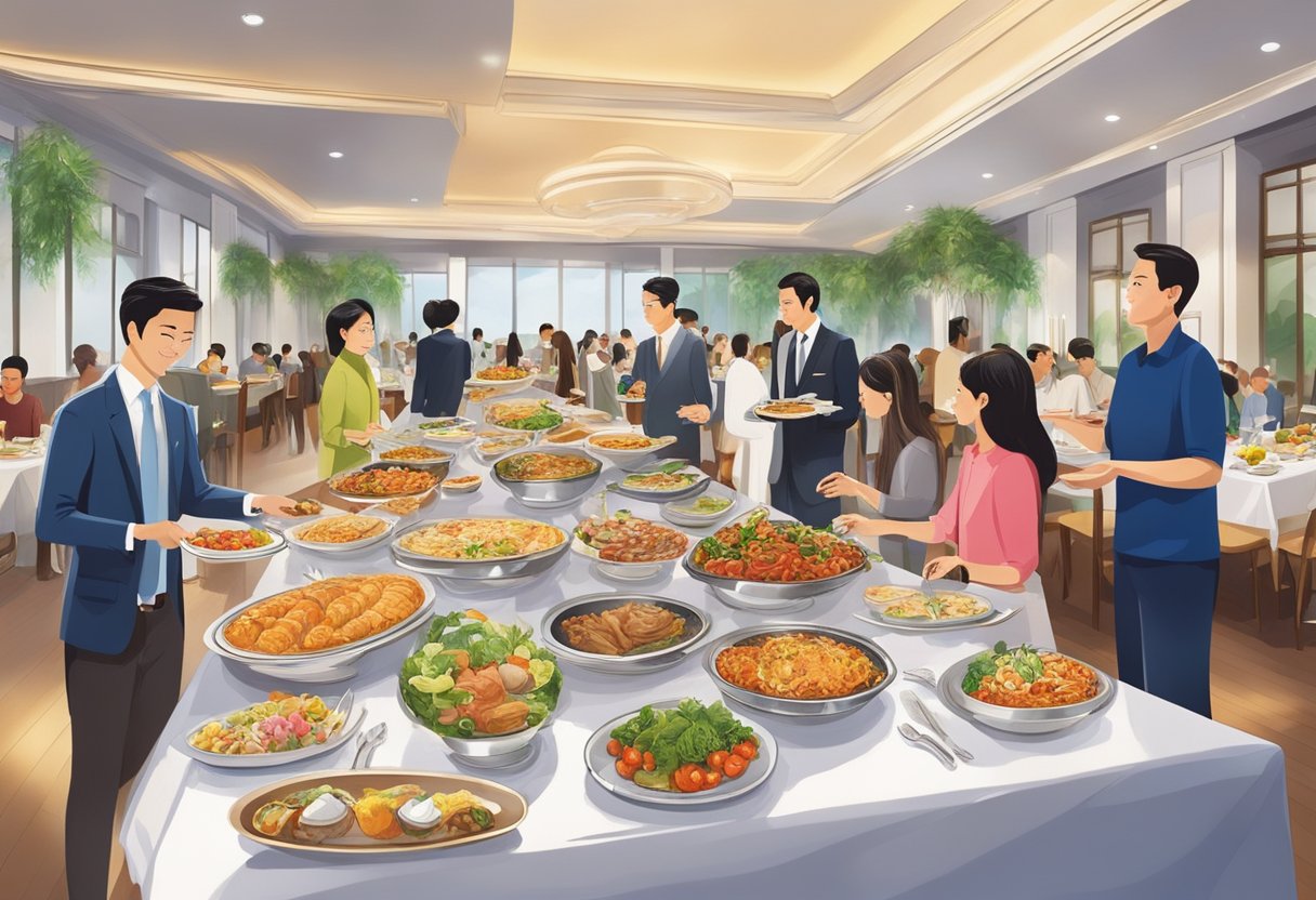 Guests sampling a wide array of international cuisine at a luxurious buffet spread in Singapore. Tables adorned with exquisite dishes and elegant decor