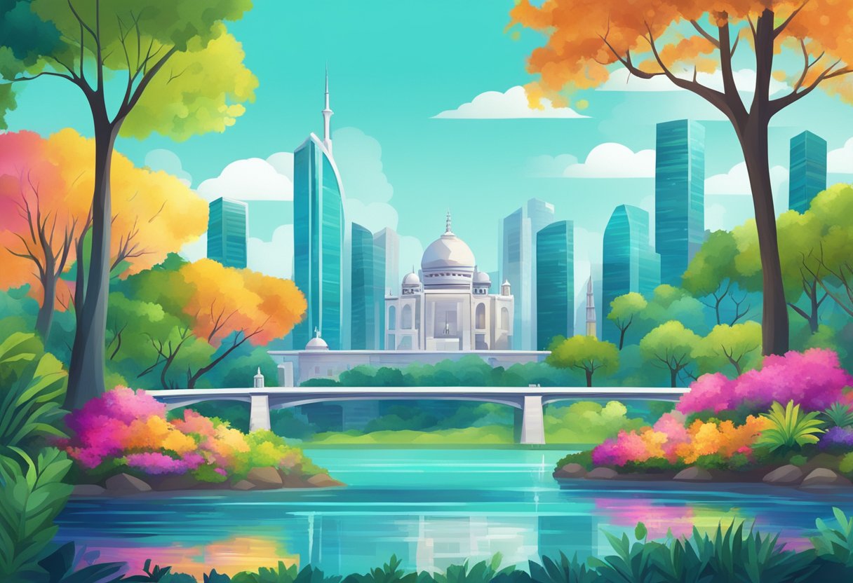 A vibrant cityscape with iconic landmarks and modern architecture, set against a backdrop of lush greenery and sparkling waters