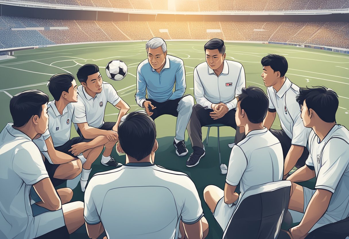 Key Players and Coaching Staff gather on the sidelines, strategizing and discussing game plans for the Singapore World Cup qualifiers