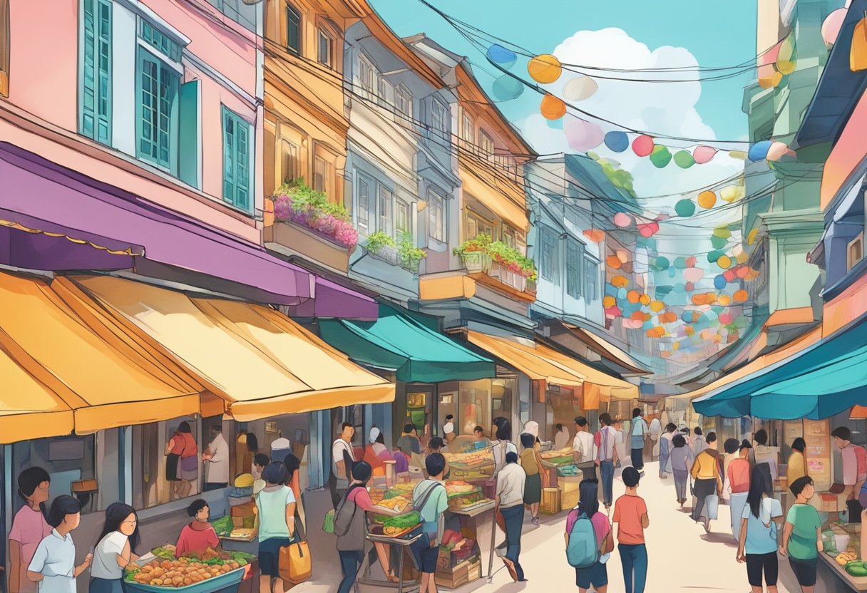 A bustling street in Singapore, with colorful buildings and vibrant signs, people walking and chatting, and the aroma of delicious street food filling the air