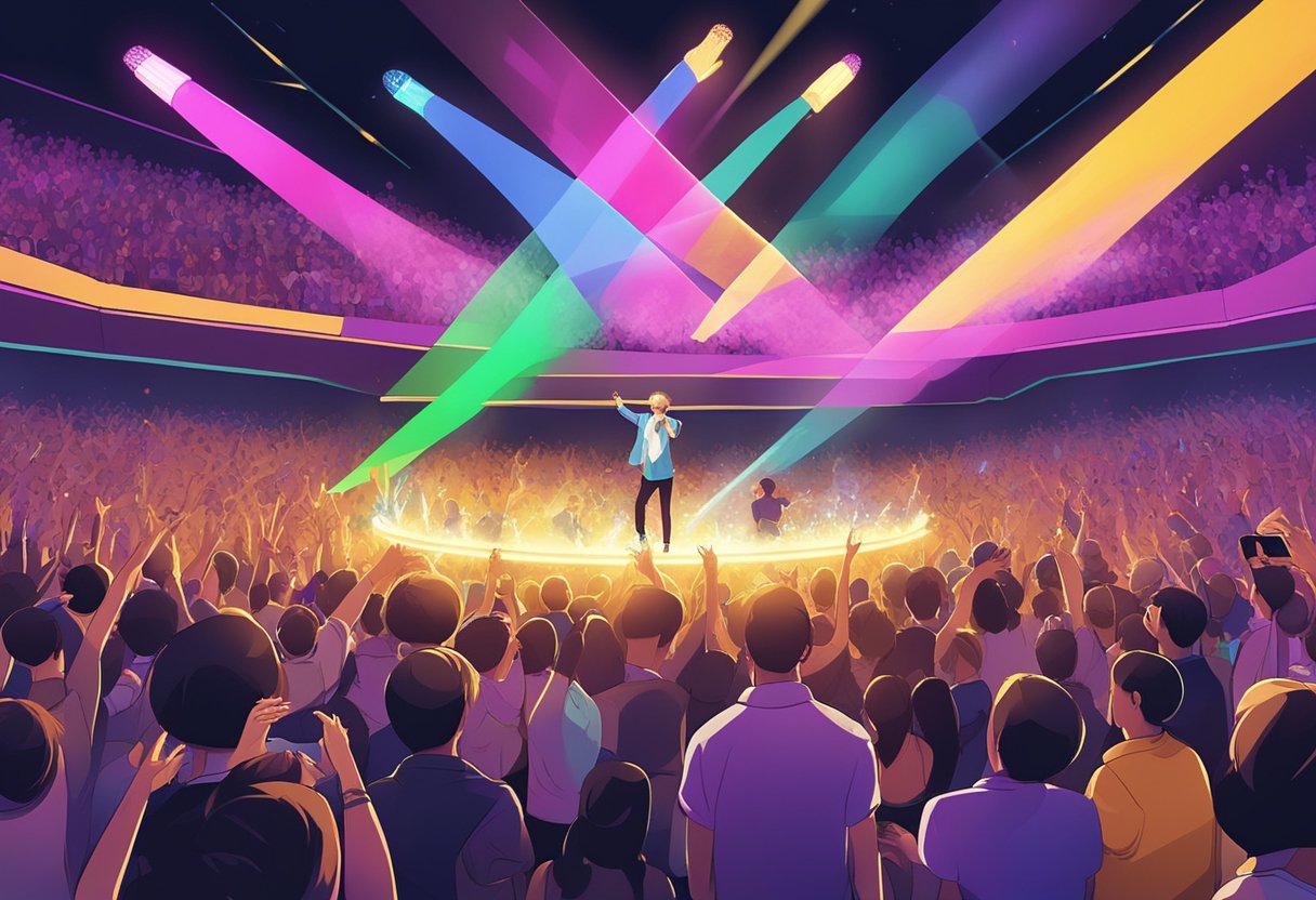 A vibrant stage with flashing lights, adoring fans waving glow sticks, and Suga's energetic performance at a concert in Singapore