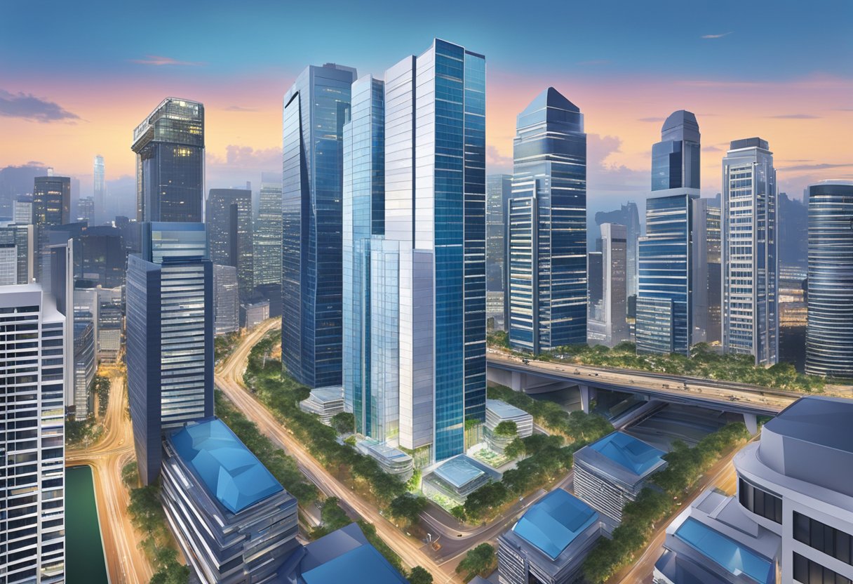 The iconic VPost building in Singapore stands tall against a backdrop of modern skyscrapers, with its sleek glass exterior reflecting the vibrant cityscape below