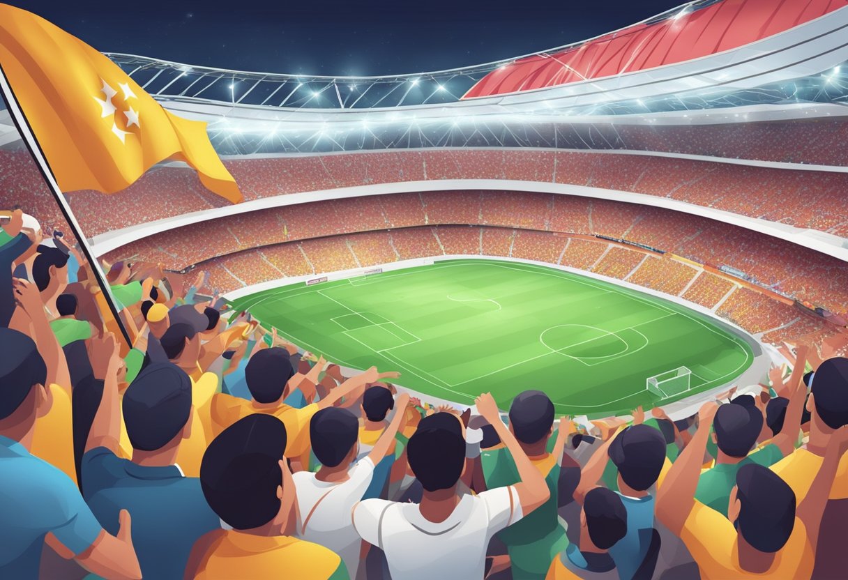 A crowded stadium in Singapore during the World Cup qualifiers, with fans cheering and waving flags