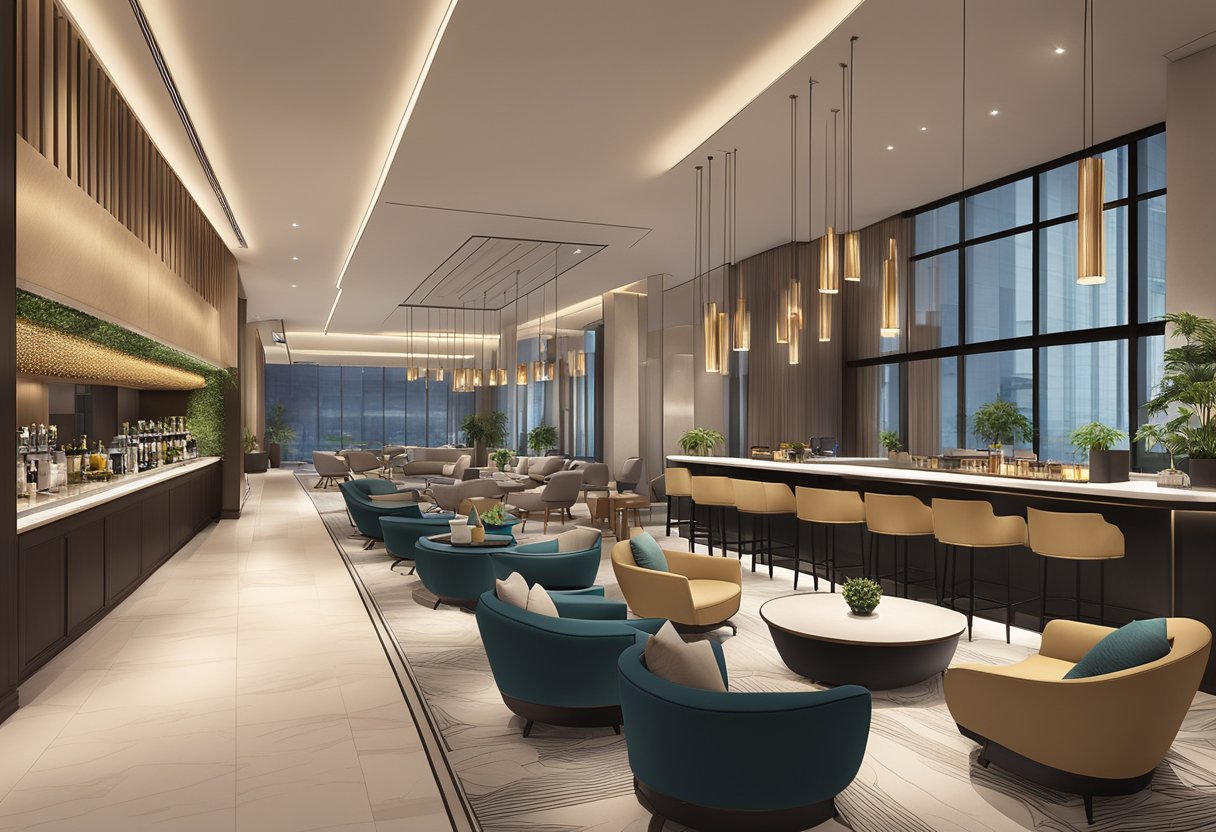 The lobby of Vibe Hotel Singapore exudes modern elegance with sleek furniture, a neutral color palette, and soft, ambient lighting. A chic bar and cozy seating areas invite guests to relax and socialize