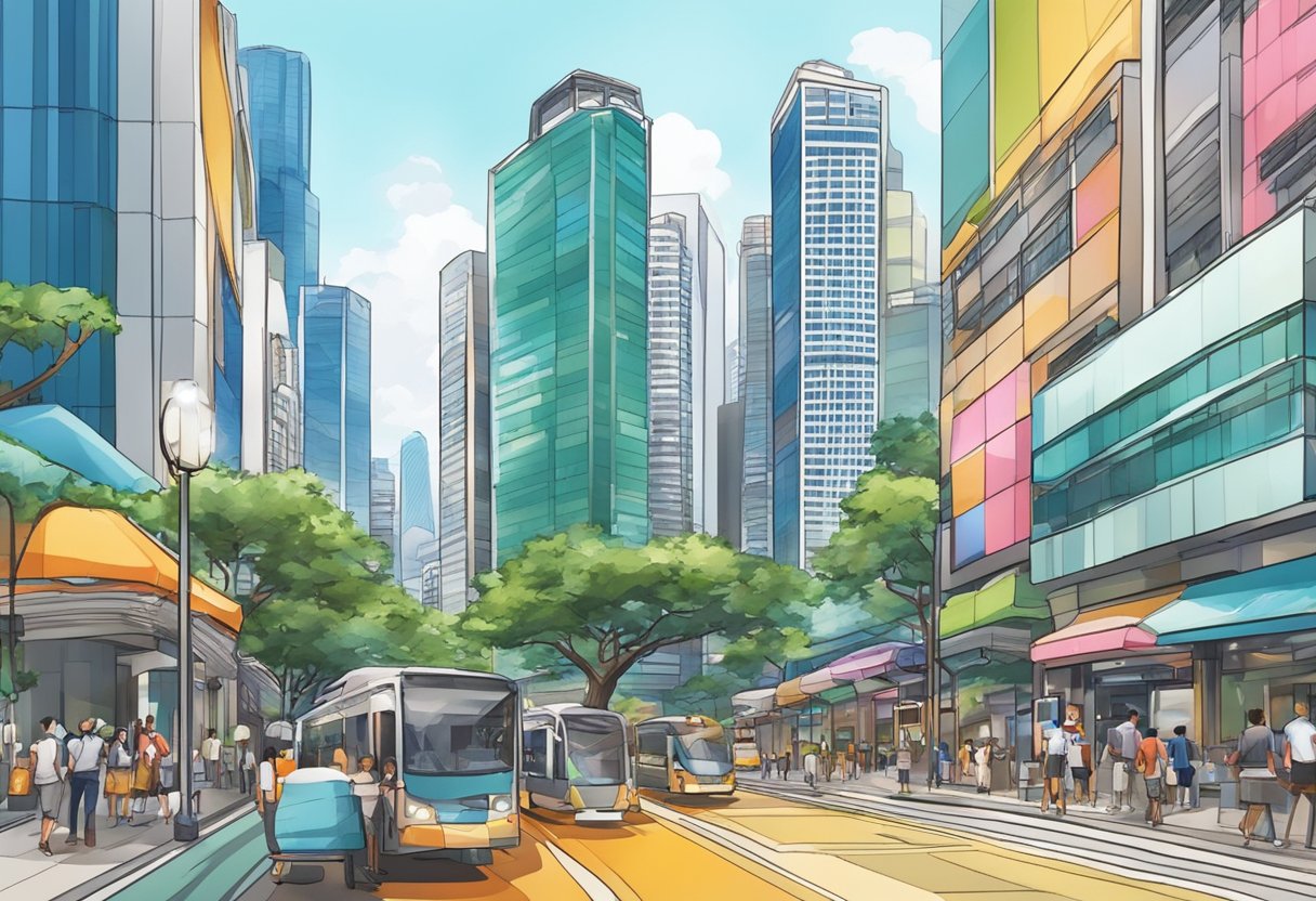 A bustling cityscape with modern skyscrapers and vibrant street life in Singapore