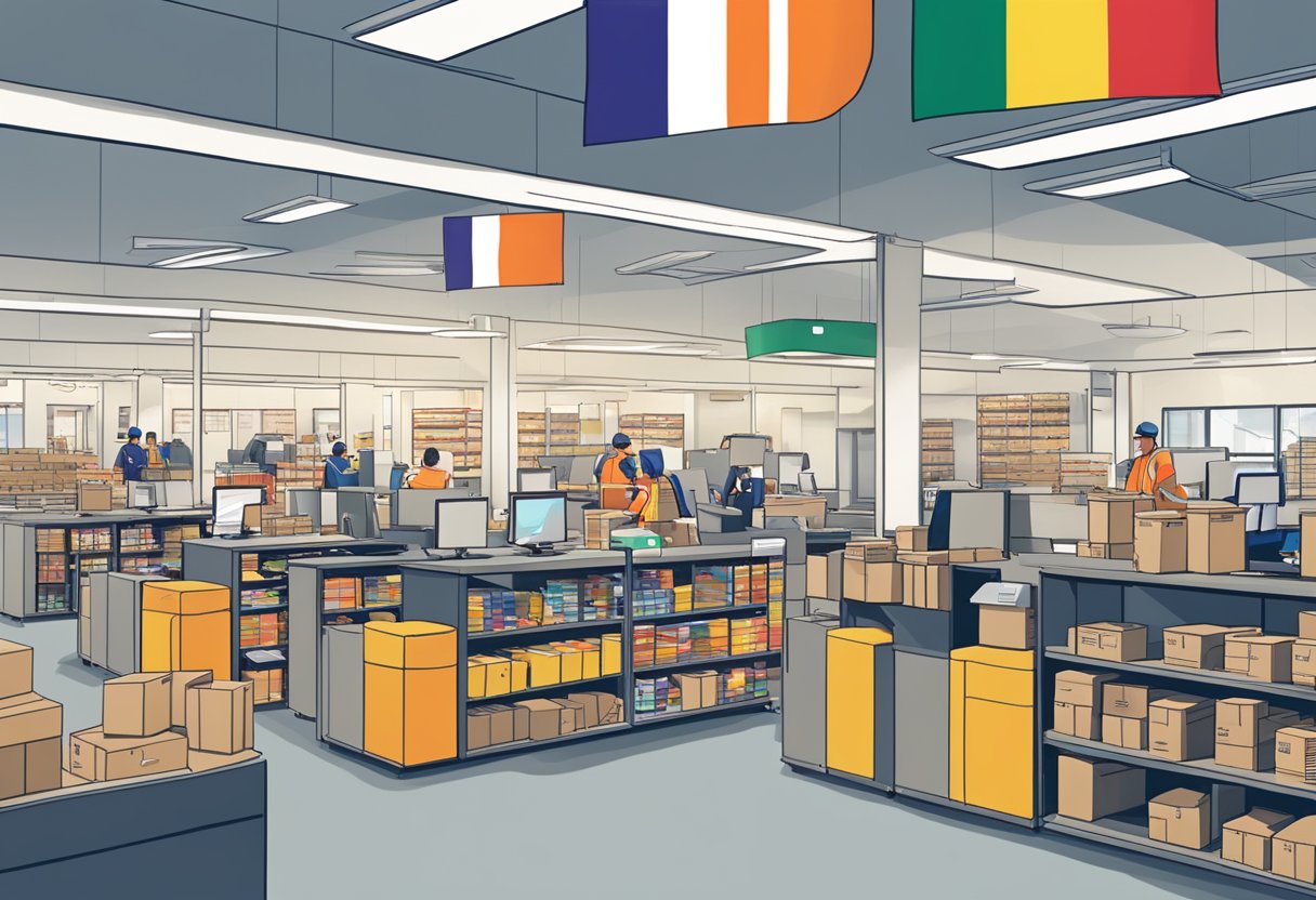 A bustling VPost service center with packages being sorted and processed by staff. Various international flags are displayed, representing the diverse range of shipping destinations