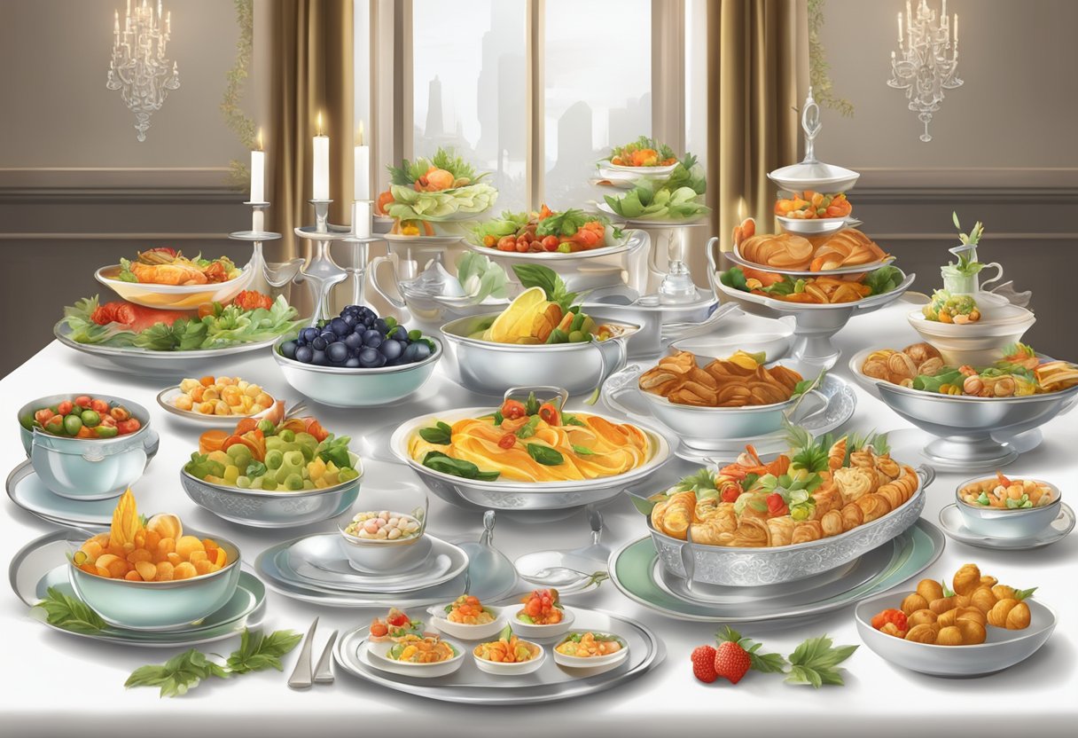 A variety of exquisite dishes arranged on a beautifully decorated buffet table, with elegant tableware and vibrant decorations enhancing the overall dining experience