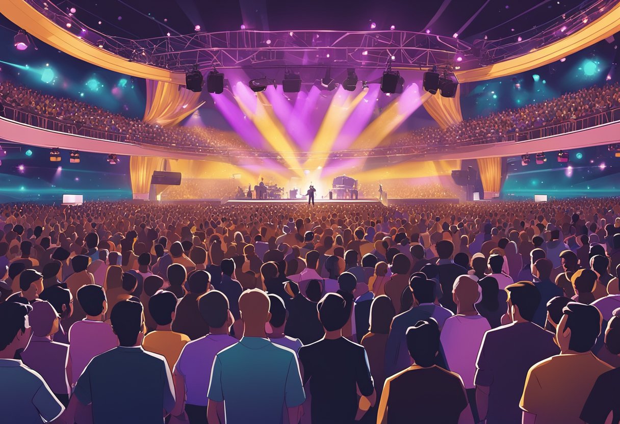 A crowded concert venue in Singapore, with colorful stage lights and a large enthusiastic audience