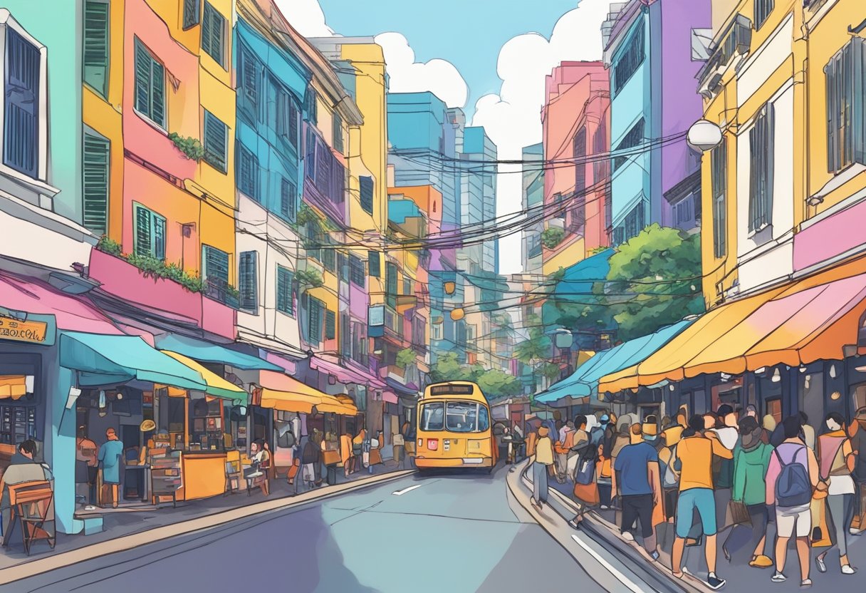 A bustling Singapore street with colorful buildings and vibrant signs, capturing the energy of Ed Sheeran's concert