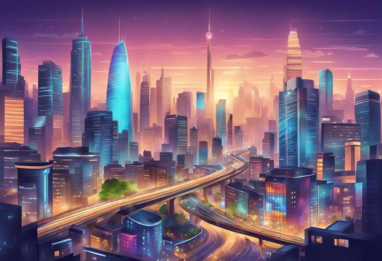 A city skyline with iconic landmarks and modern architecture, illuminated by vibrant lights and surrounded by bustling streets and traffic