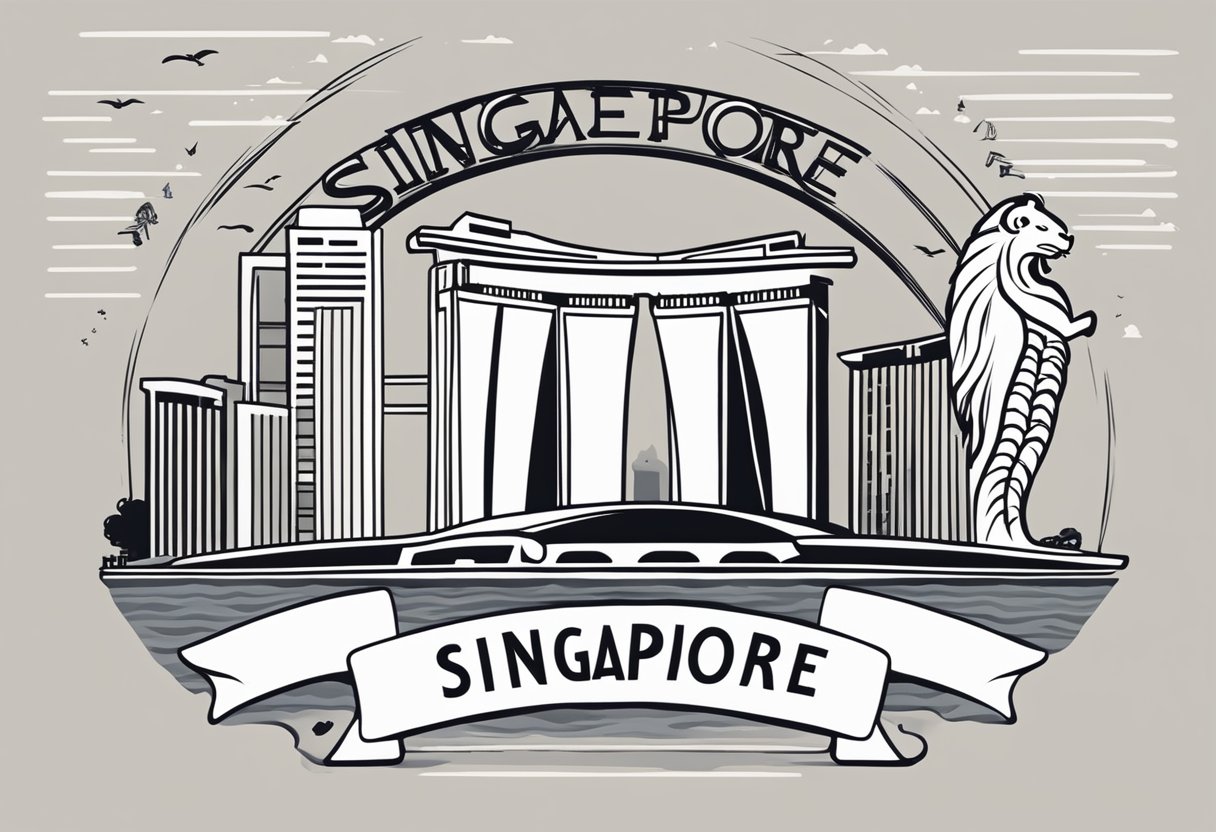 A white card with "Singapore" written in bold black letters, surrounded by iconic symbols like the Merlion and Marina Bay Sands