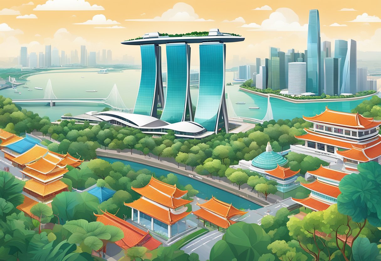 A bustling cityscape with iconic landmarks like Marina Bay Sands, Gardens by the Bay, and the colorful streets of Chinatown, all set against a backdrop of modern skyscrapers and lush greenery