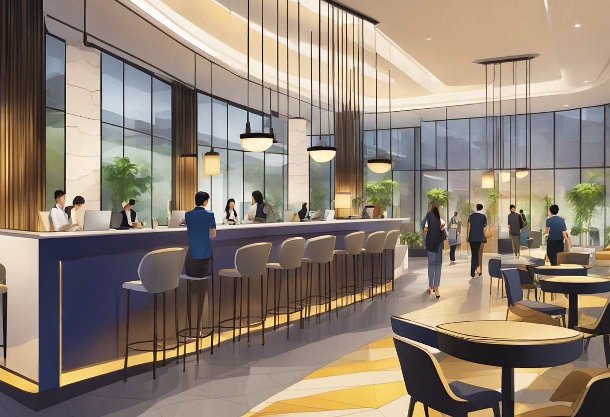 The lobby of Vibe Hotel Singapore bustles with guests seeking information at the Frequently Asked Questions desk. The modern decor and vibrant atmosphere create a welcoming and energetic vibe
