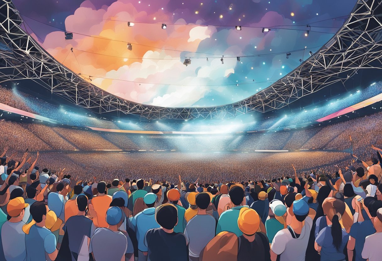 Crowd cheers, lights flash, and music fills the air at National Stadium during Ed Sheeran's concert in Singapore