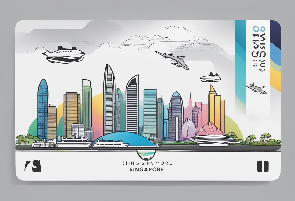 A white SG Arrival Card lies on a clean, flat surface. The card is filled out with black ink, and the Singapore skyline is visible in the background