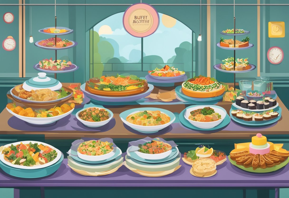 A buffet table filled with various dishes, labeled "Frequently Asked Questions buffet catering singapore". Colorful signage and decorative accents add to the inviting display