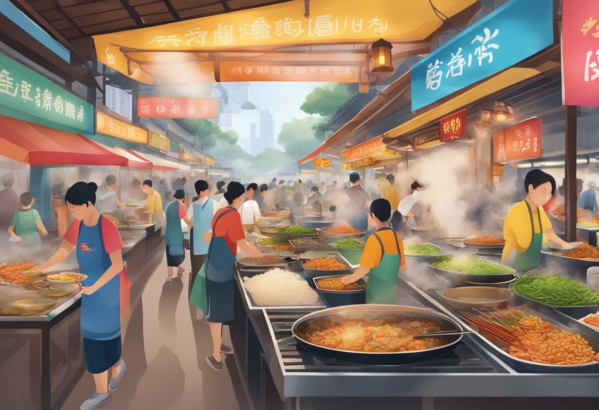 A bustling hawker center with diverse food stalls, colorful signage, and aromatic steam rising from sizzling woks