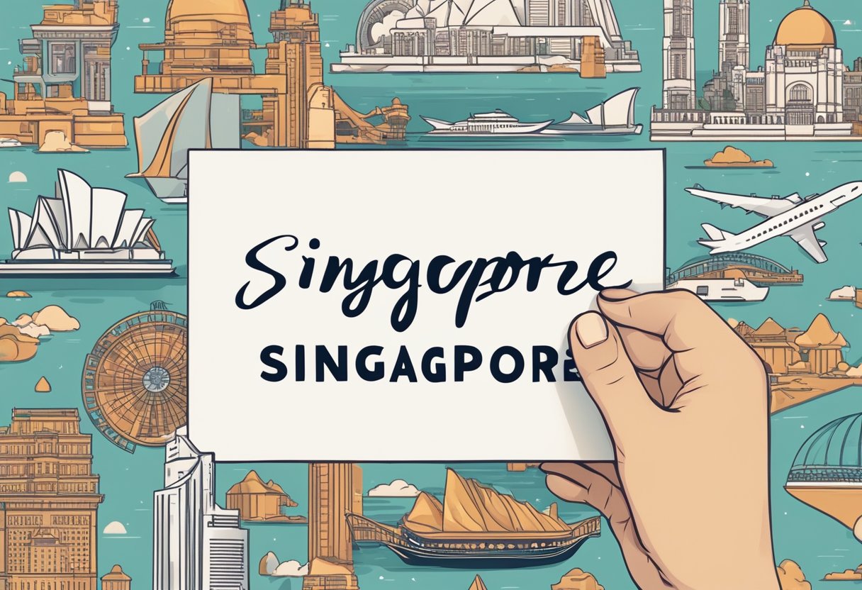 A traveler's hand holding a white card with "Singapore" written in bold letters, surrounded by iconic landmarks and symbols of the city