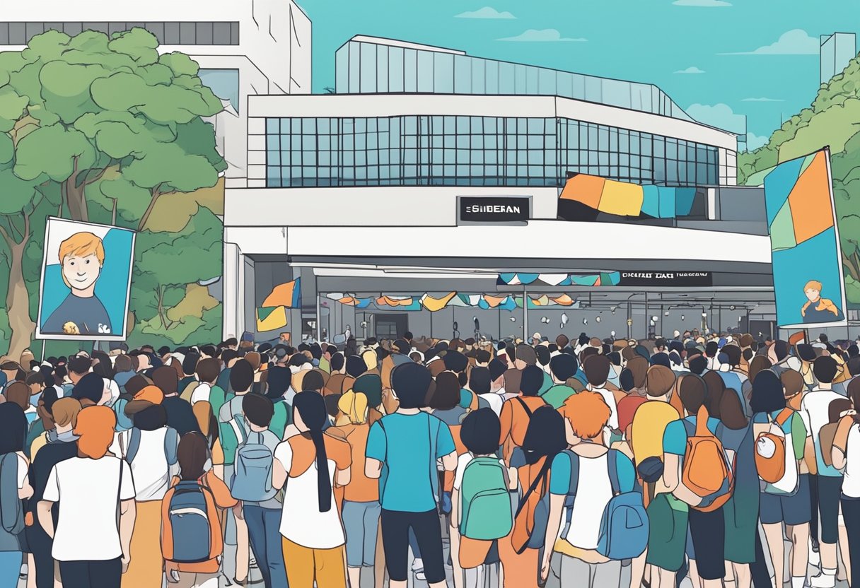 Fans gather outside a venue in Singapore, eagerly awaiting Ed Sheeran's arrival for a meet-and-greet. Banners and signs display their excitement