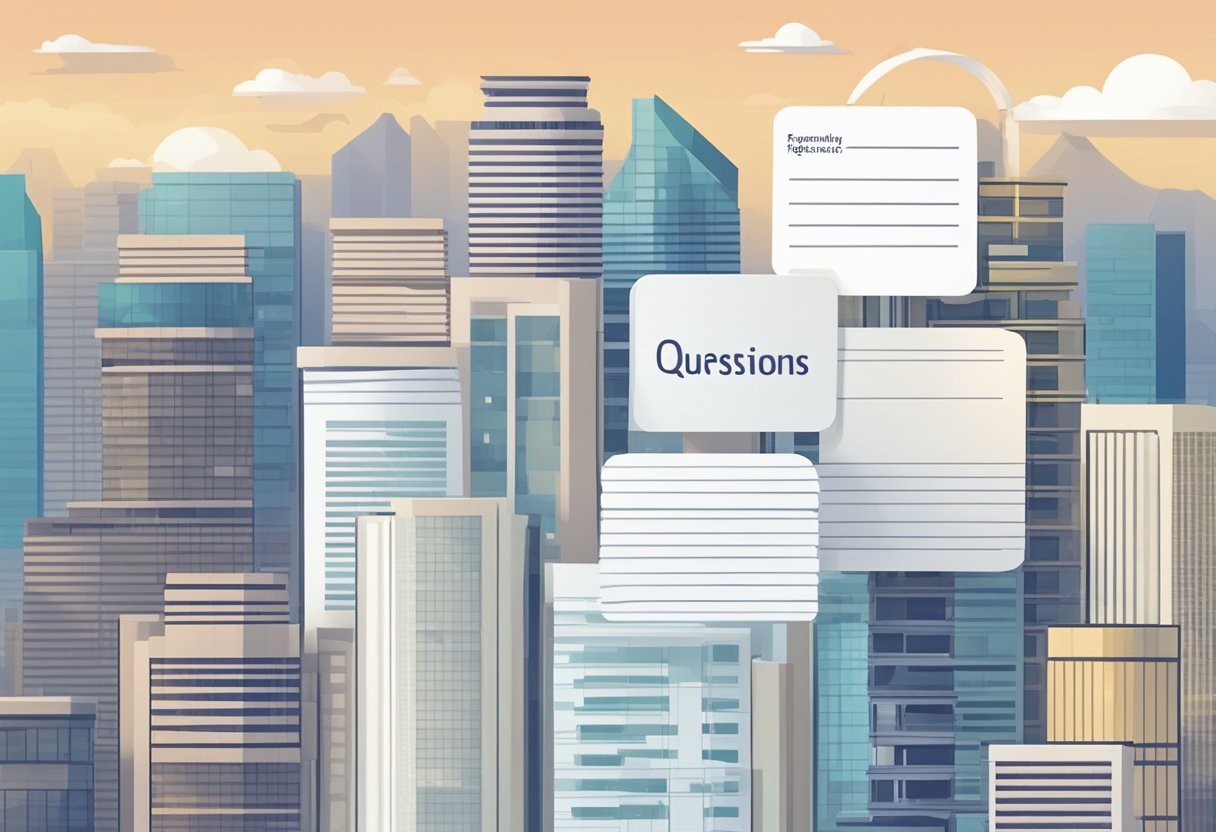 A stack of white cards with "Frequently Asked Questions" printed on them, against a clean and modern Singaporean backdrop
