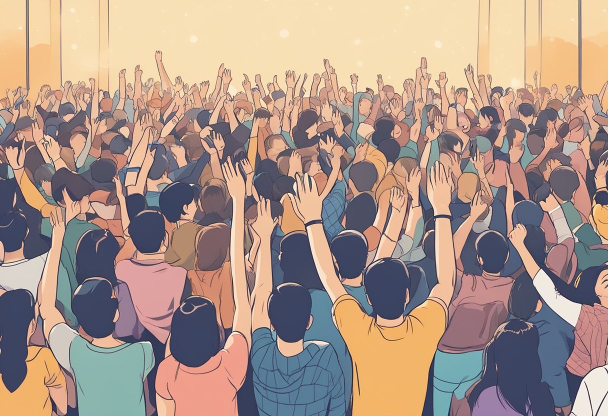 Crowd of fans at a SUGA concert in Singapore, raising their hands and singing along to the music