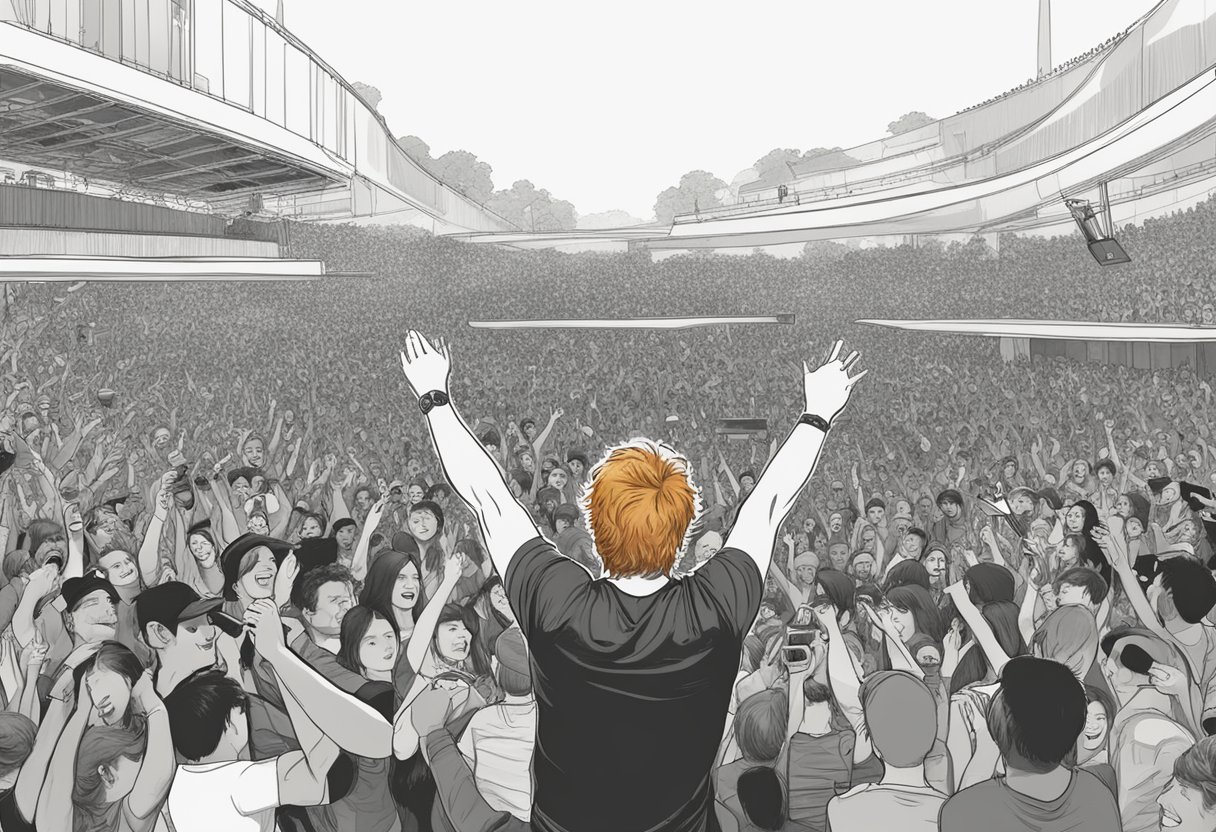 Ed Sheeran performing on stage in Singapore, surrounded by a crowd of excited fans