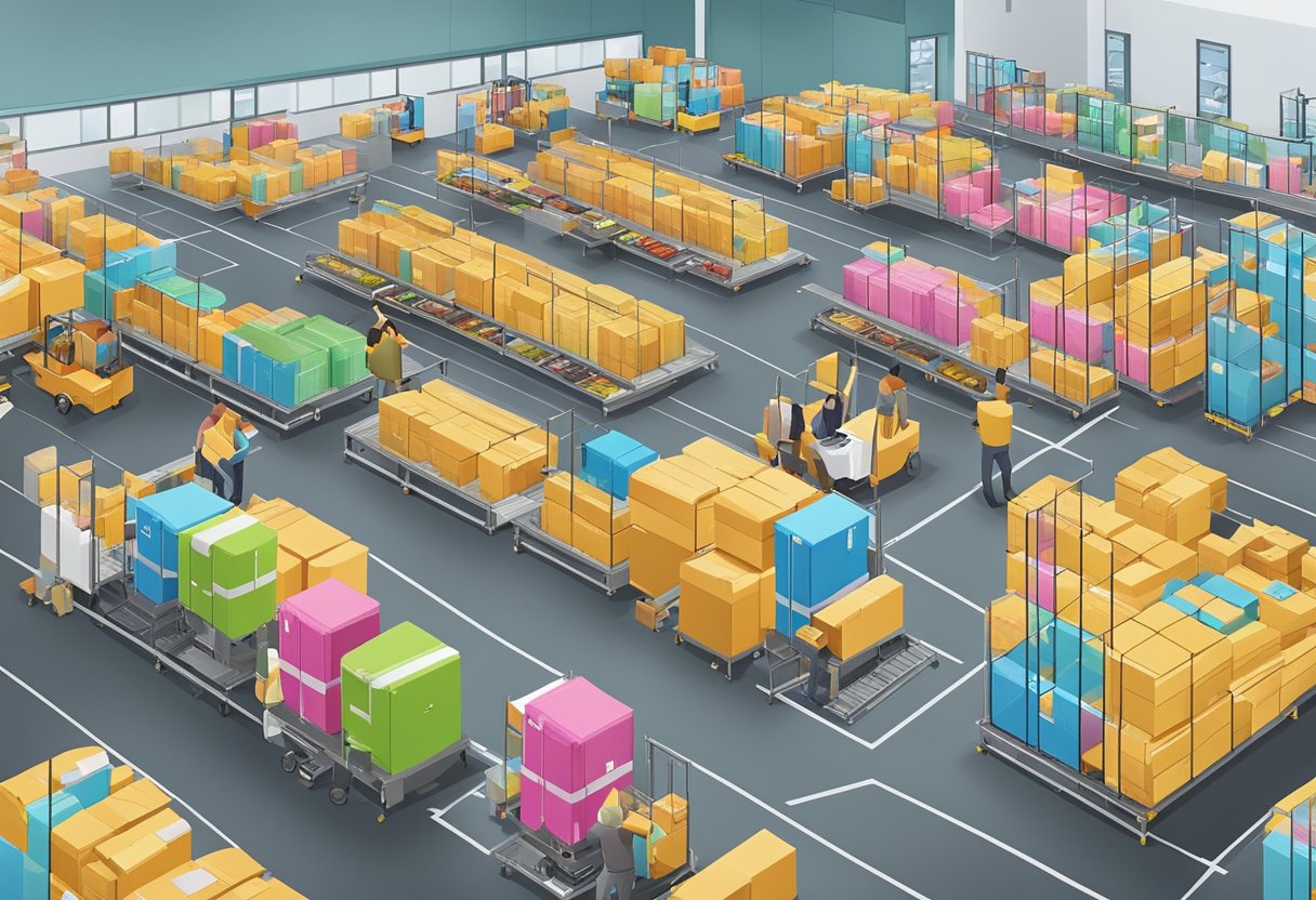 A colorful array of packages and parcels being sorted and processed at a bustling VPost Singapore facility