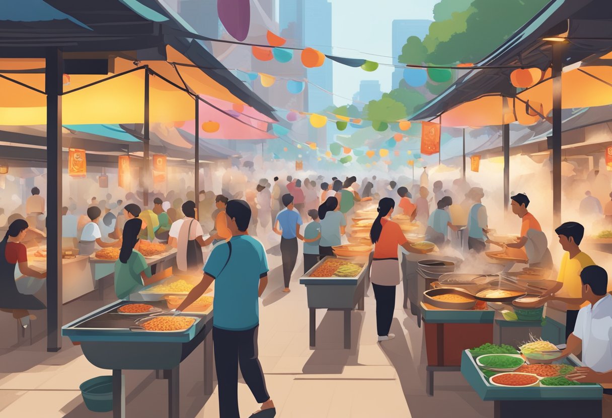 A bustling hawker center with sizzling woks, steaming pots, and colorful food stalls, surrounded by eager diners and aromatic smoke