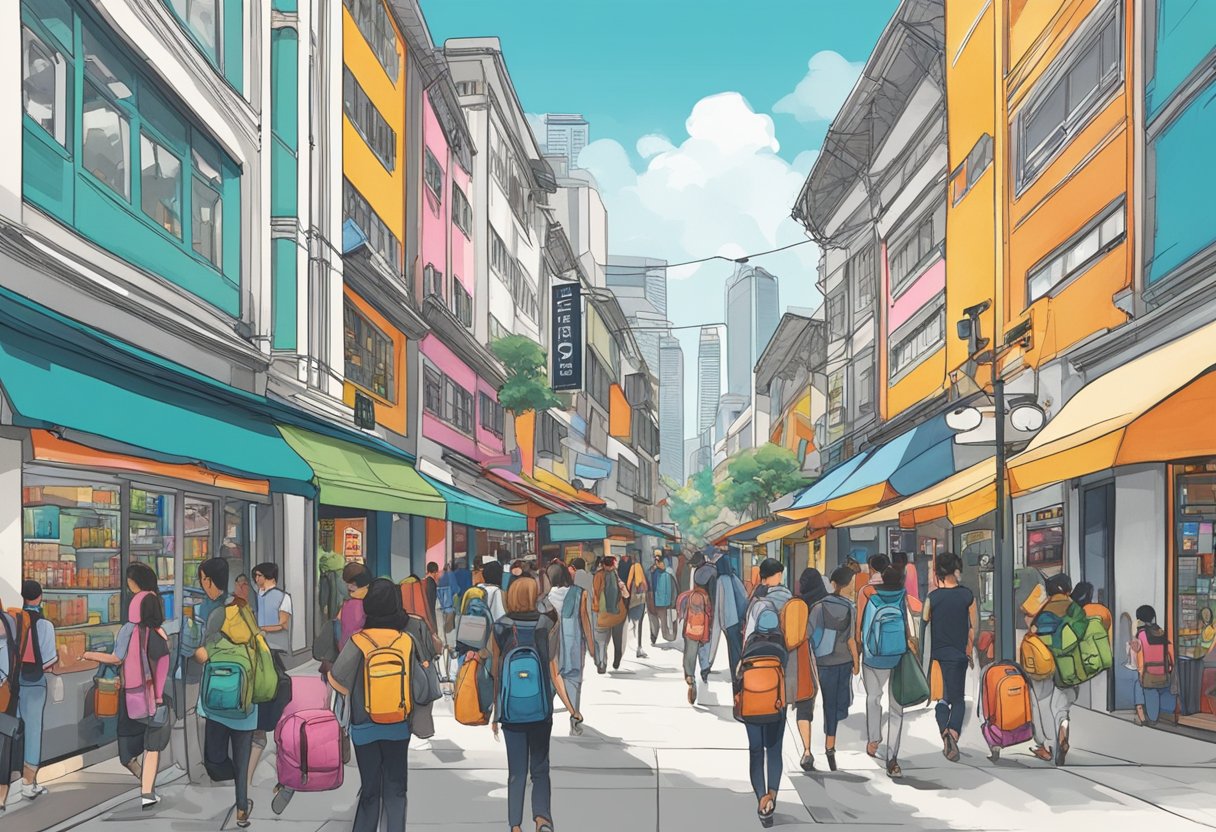 A bustling street in Singapore, with colorful storefronts and busy pedestrians. The Timbuk2 store stands out with its modern design and vibrant display of backpacks and messenger bags