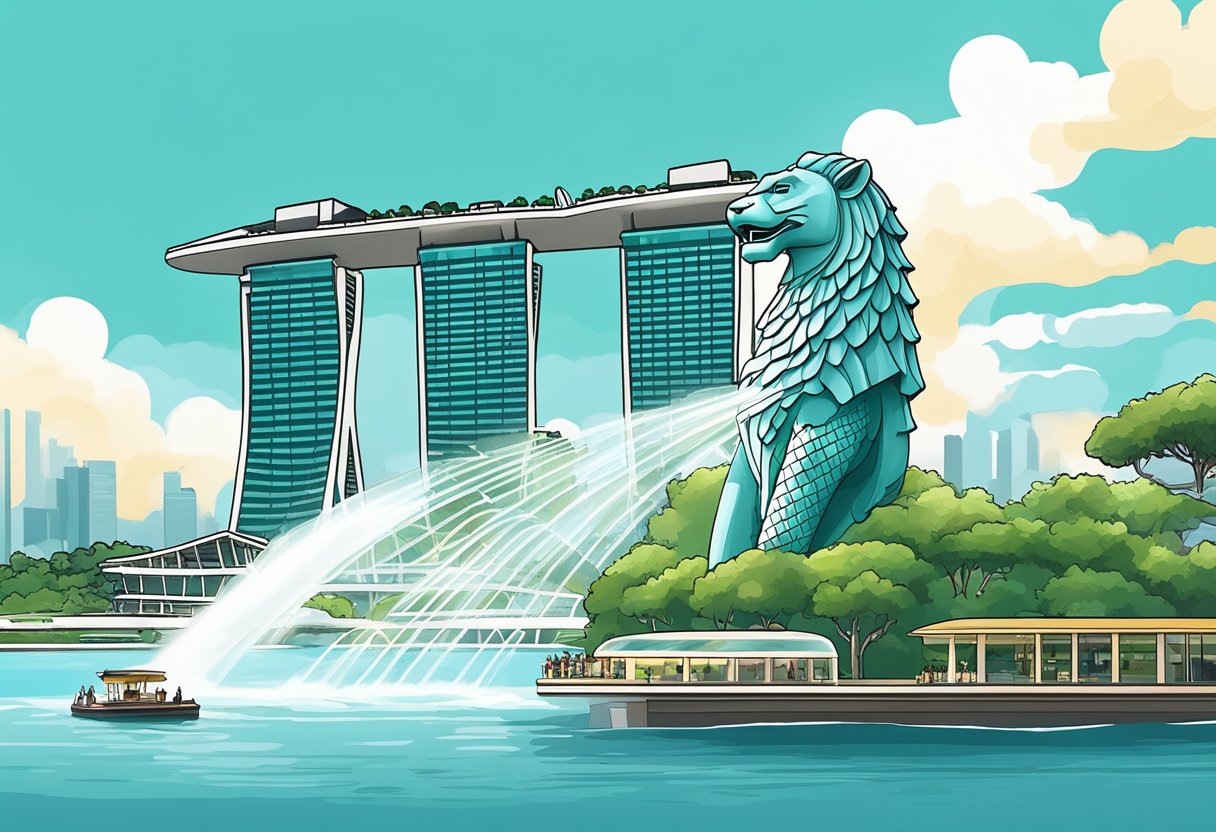 The iconic Merlion statue spouts water into Marina Bay, with the towering Marina Bay Sands hotel and the futuristic Gardens by the Bay in the background