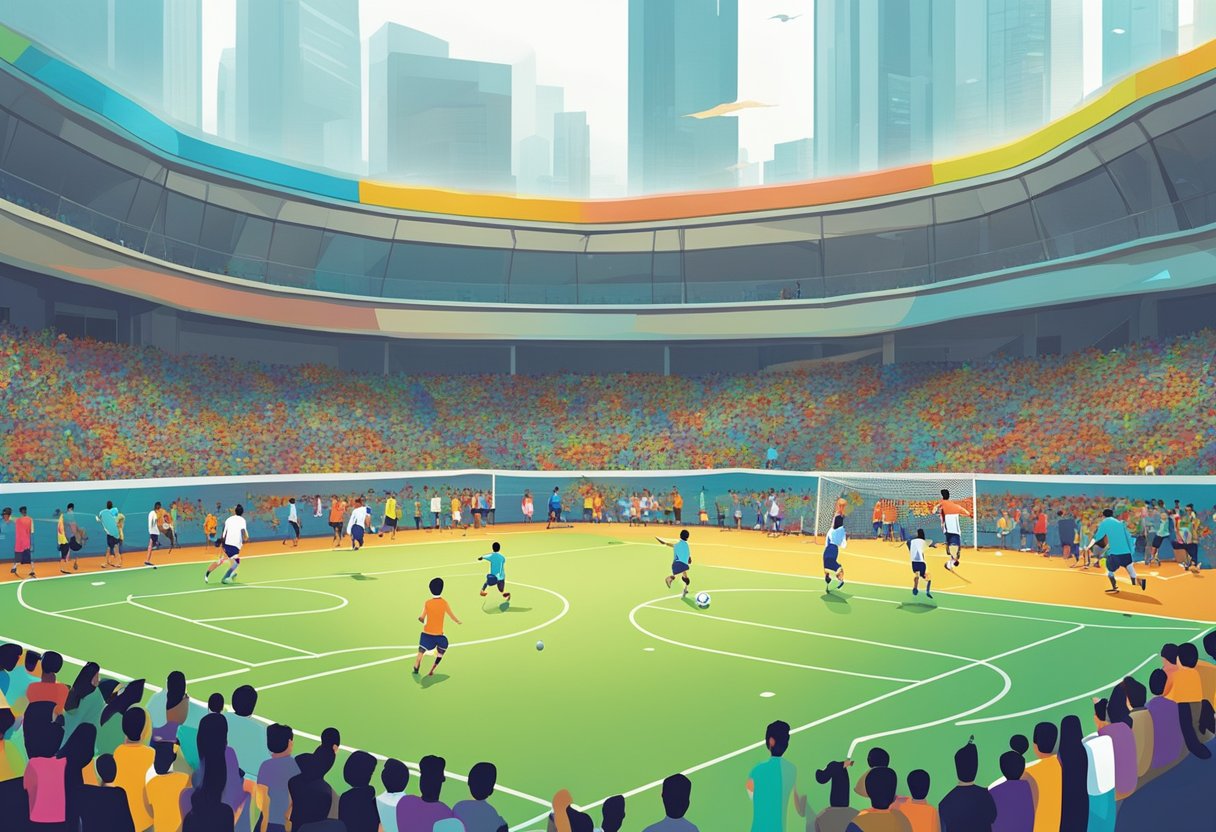 A futsal court in Singapore, with vibrant colors and players in action, surrounded by enthusiastic spectators
