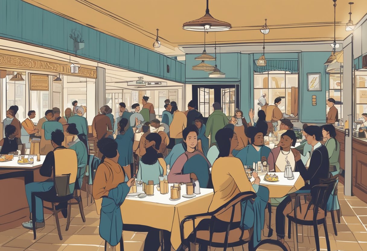 A bustling restaurant with customers lined up at the entrance, a sign reading "Frequently Asked Questions" prominently displayed. Tables are filled with diners enjoying their meals, and waitstaff are seen bustling about attending to guests