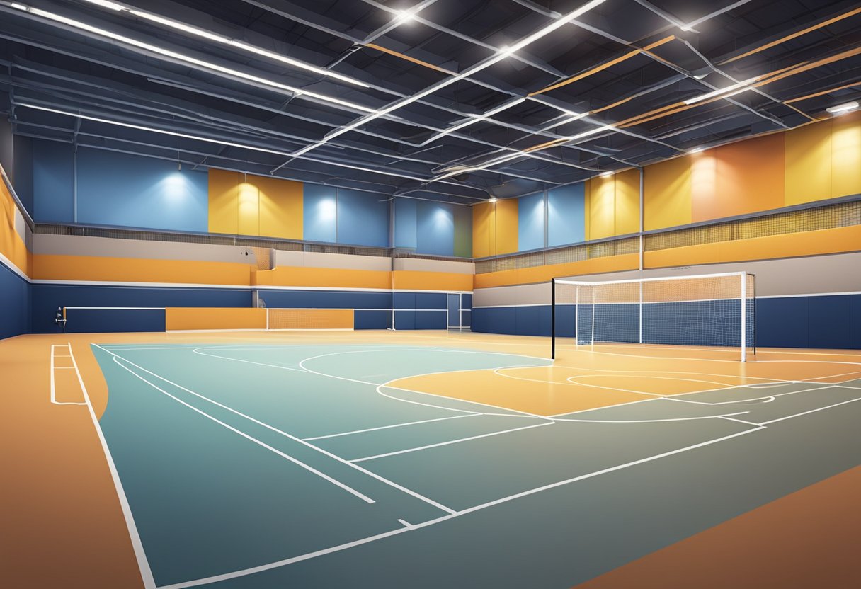A spacious indoor futsal court with bright lighting, vibrant colored walls, and clean, shiny flooring in Singapore