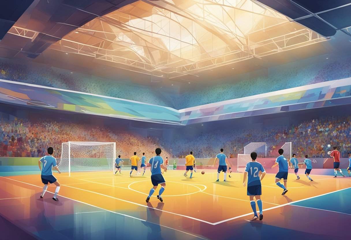 Players compete on a vibrant futsal court as spectators cheer and interact with the game in a lively Singapore community setting
