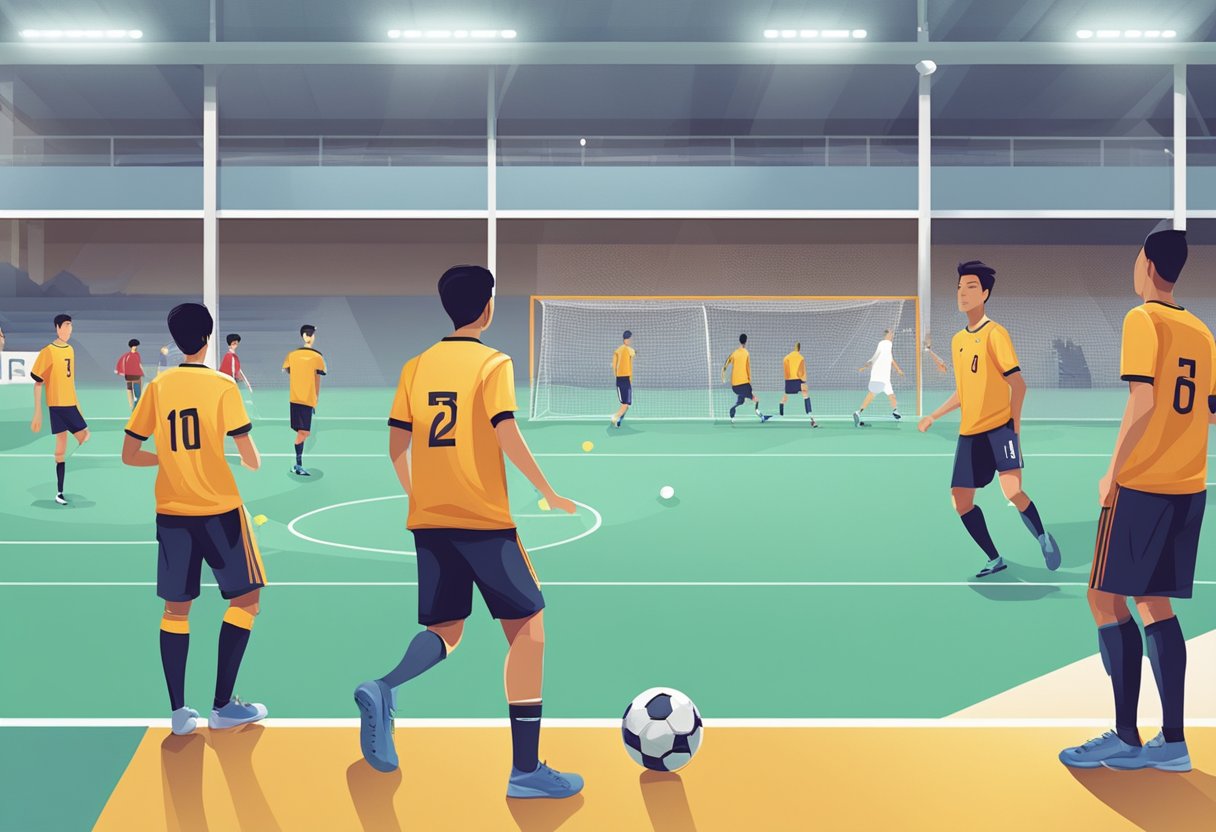 A group of people playing futsal in a Singaporean sports facility, with a banner reading "Frequently Asked Questions futsal singapore" displayed prominently