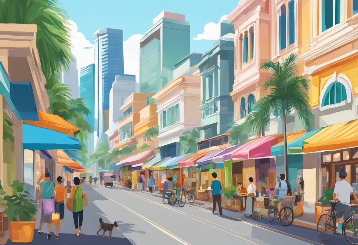 A bustling street lined with colorful shops, cafes, and street vendors in Singapore. Tall buildings and palm trees create a vibrant cityscape