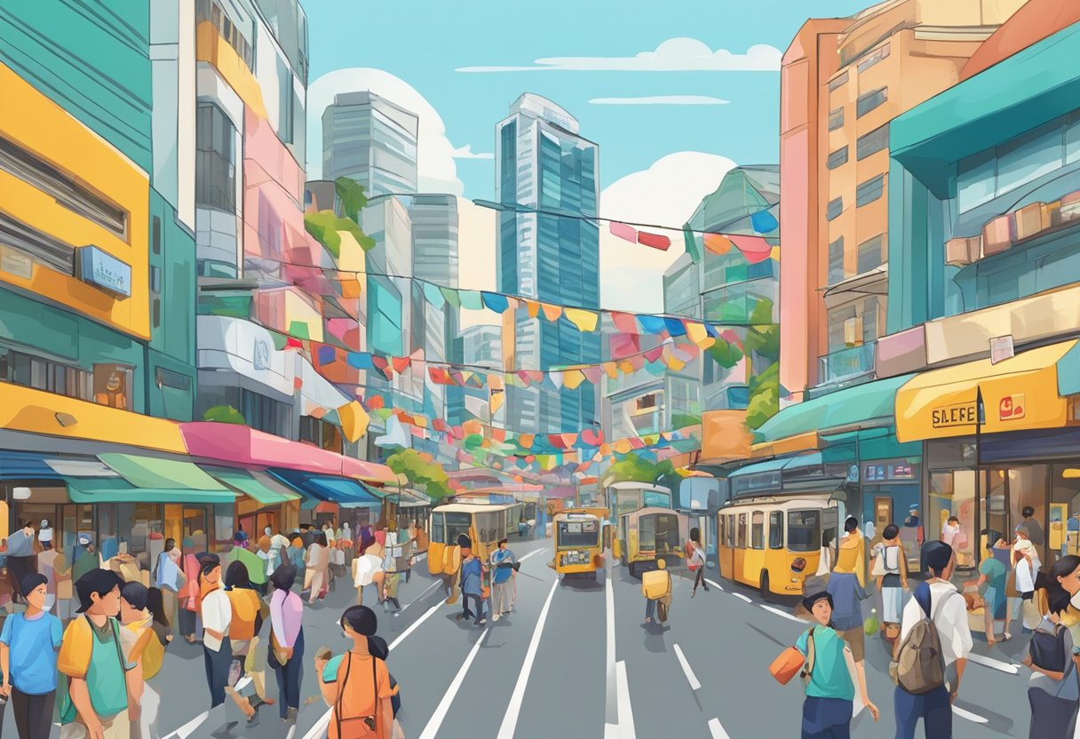 A bustling street in Singapore, with colorful signs and bustling crowds, leading to iconic landmarks and famous attractions