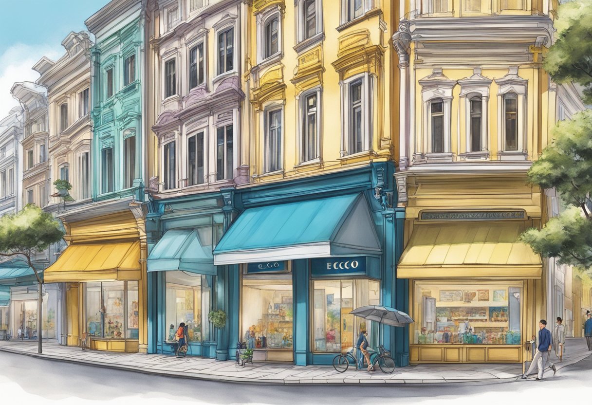 A vibrant cityscape with a storefront featuring Ecco shoes prominently displayed in Singapore